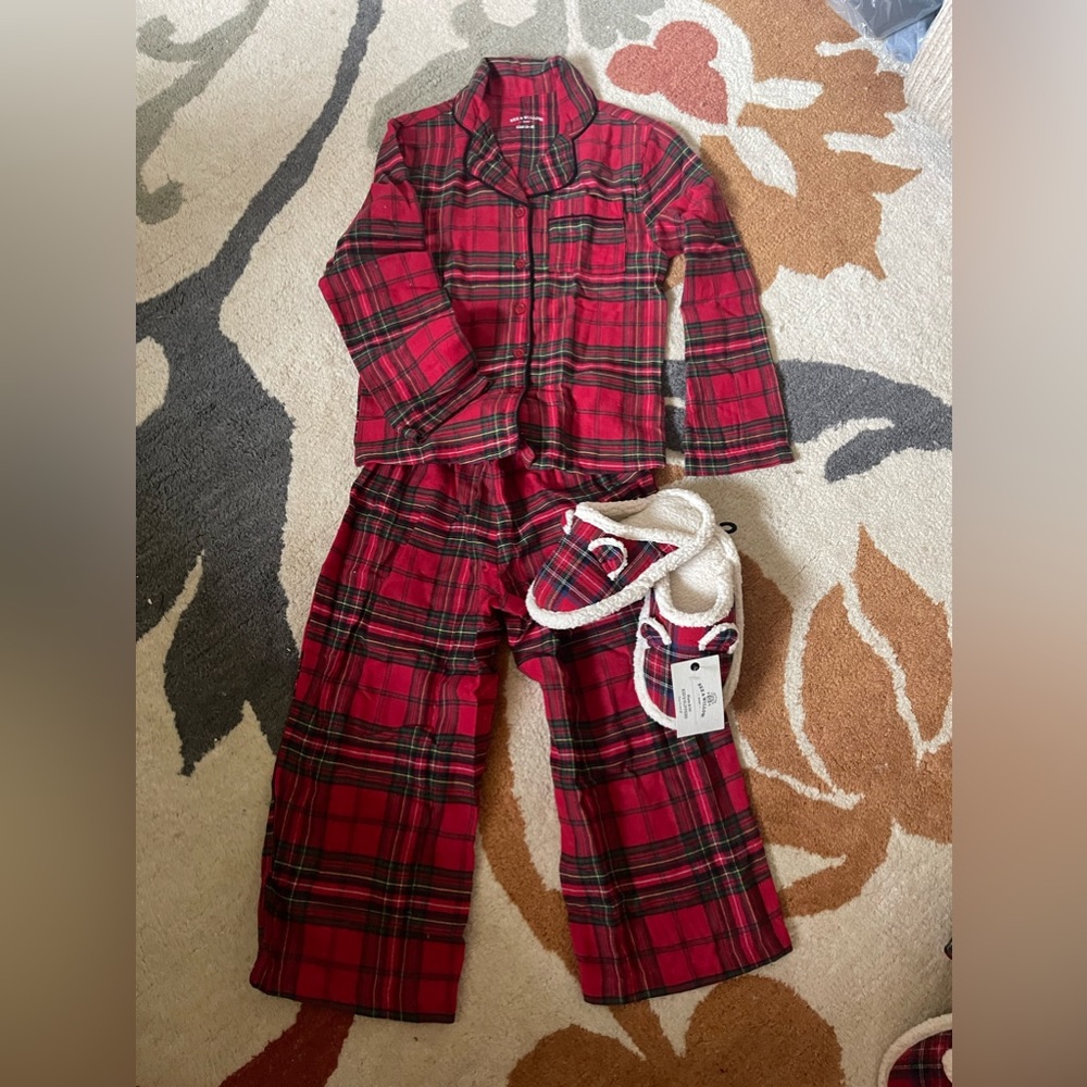 KIDS pajama bundle - plaid, two piece pajama set and plush bear scuff slippers.